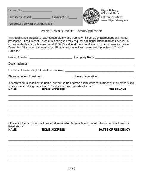 First page of the Precious Metals Dealer’s License Application
