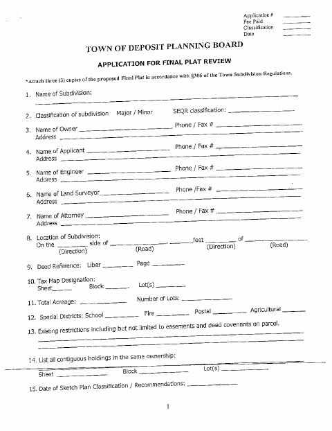 First page of the Application for Final Plat Review