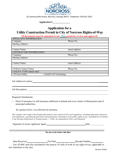 First page of the Utility Construction Permit Application