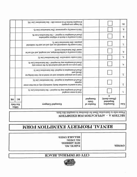 First page of the Rental Business License Exemption Application