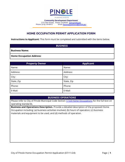 First page of the Home Occupation Permit Application