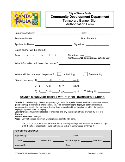 First page of the Temporary Banner Sign Authorization Form