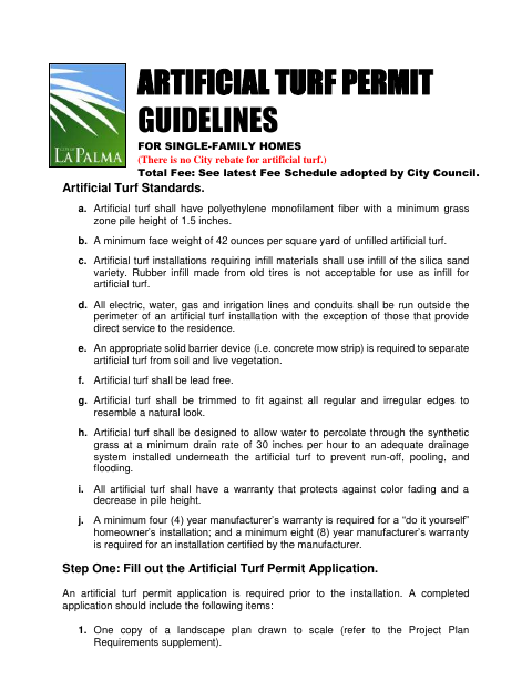 First page of the Artificial Turf Permit Application for Single-Family Homes