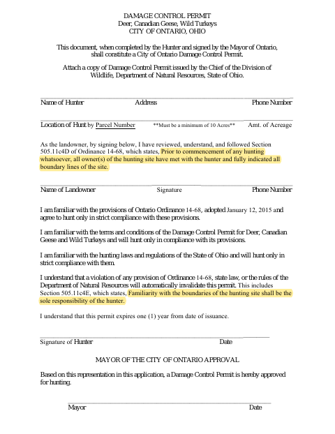 First page of the Damage Control Permit
