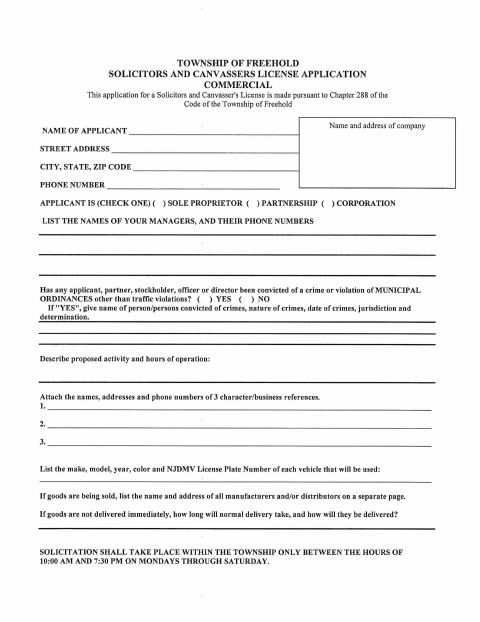 First page of the Solicitors and Canvassers License Application