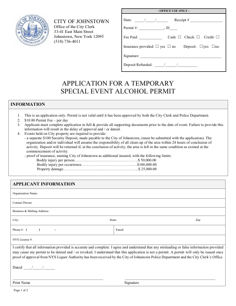 First page of the Application for a Temporary Special Event Alcohol Permit