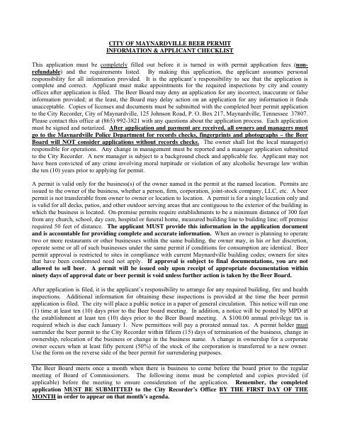 First page of the Beer Permit Application