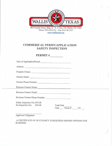 First page of the Commercial Safety Inspection Permit Application
