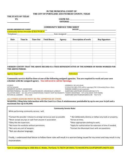 First page of the Community Service Time Sheet
