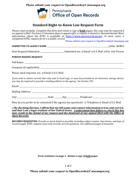 First page of the Standard Right-to-Know Law Request Form
