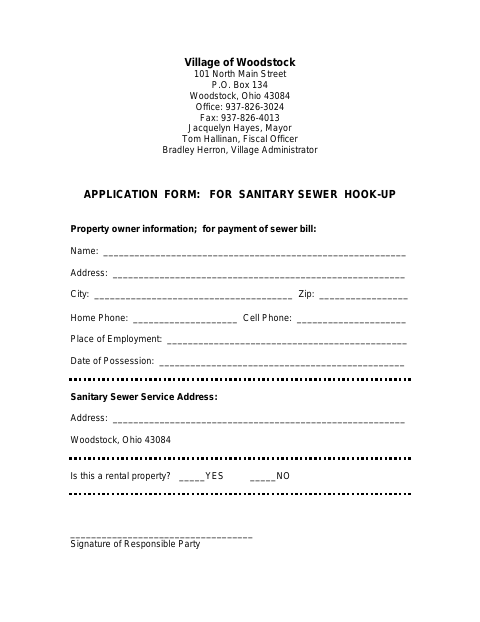 First page of the Application for Sanitary Sewer Hook-Up