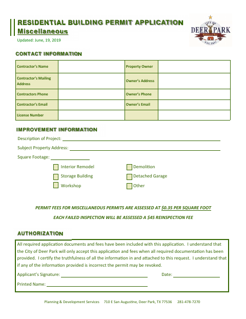 First page of the Residential Building Permit Application Miscellaneous