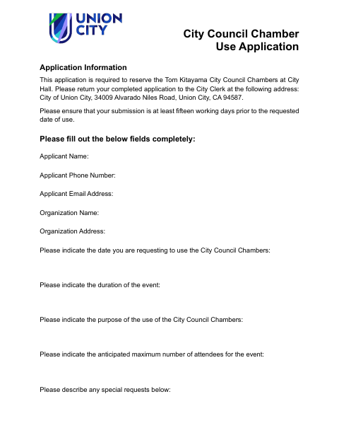 First page of the City Council Chamber Use Application