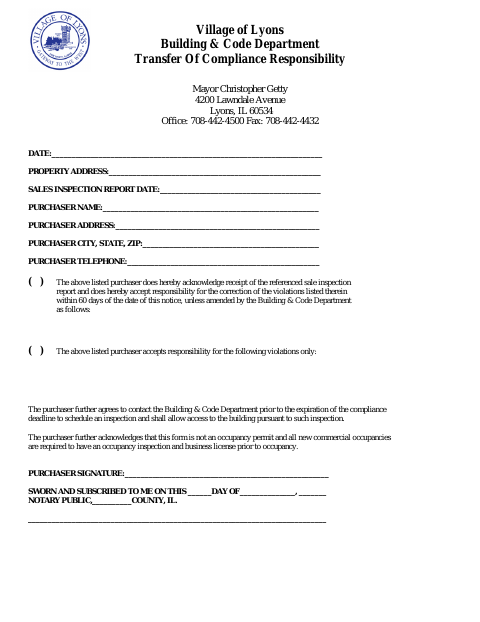 First page of the Transfer of Compliance Responsibility