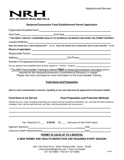 First page of the Seasonal/Concession Food Establishment Permit Application