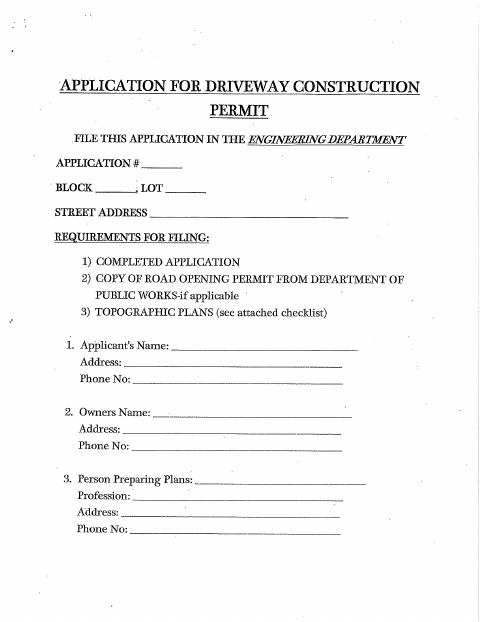 First page of the Driveway Construction Permit