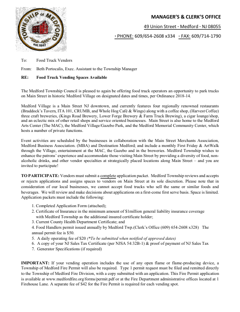 First page of the Main Street Food Truck Vendor Application