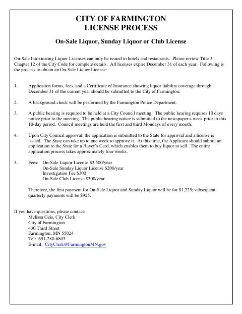 First page of the On-Sale Liquor License Application