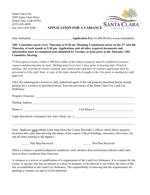 First page of the Variance Application