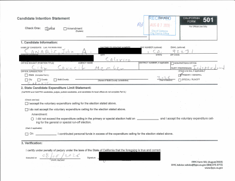 First page of the Candidate Intention Statement