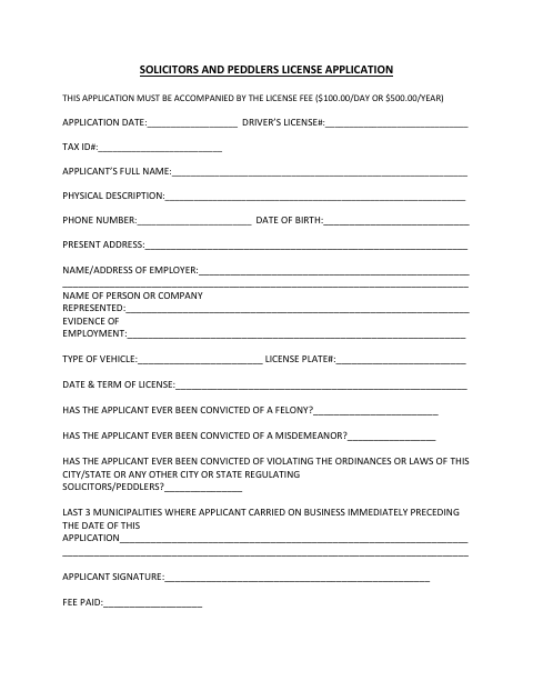 First page of the Solicitors and Peddlers License Application