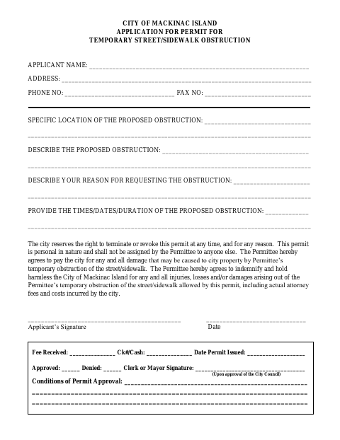 First page of the Application for Permit for Temporary Street/Sidewalk Obstruction