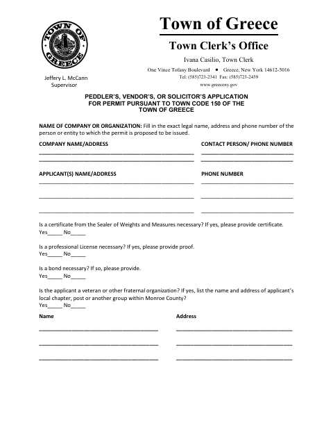 First page of the Peddlers, Vendors, or Solicitors Application for Permit