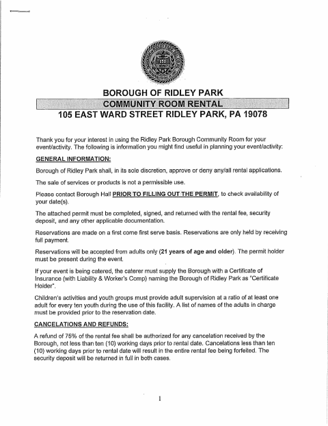 First page of the Community Room Rental Use Permit