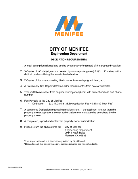 First page of the Dedication Application
