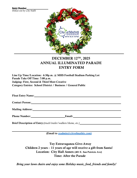 First page of the Annual Illuminated Parade Entry Form