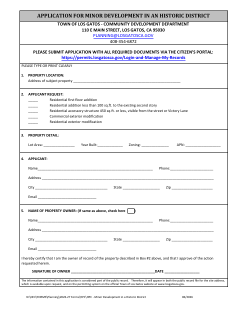 First page of the Application for Minor Development in an Historic District
