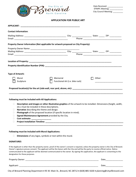 First page of the Application for Public Art