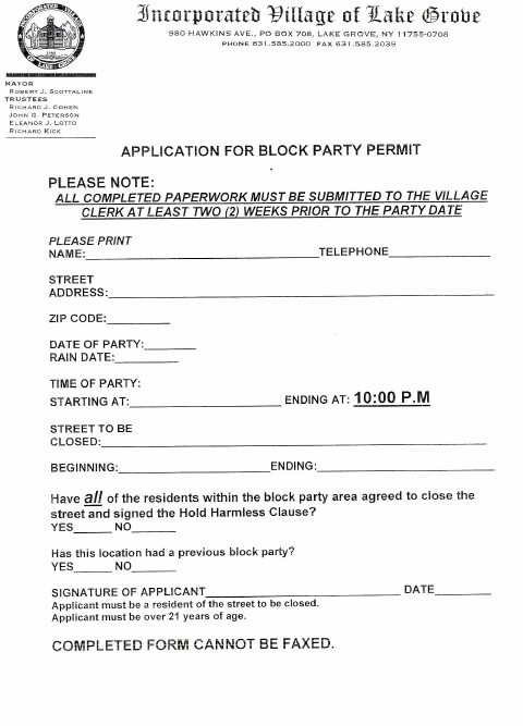 First page of the Block Party Permit Application