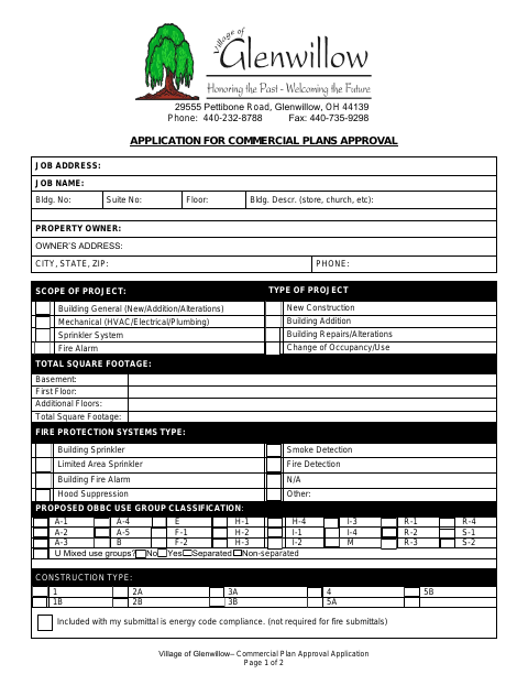 First page of the Commercial Plans Approval Application