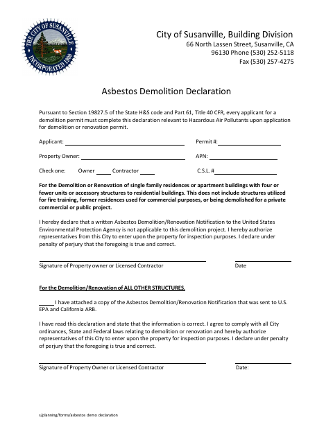 First page of the Asbestos Demolition Declaration
