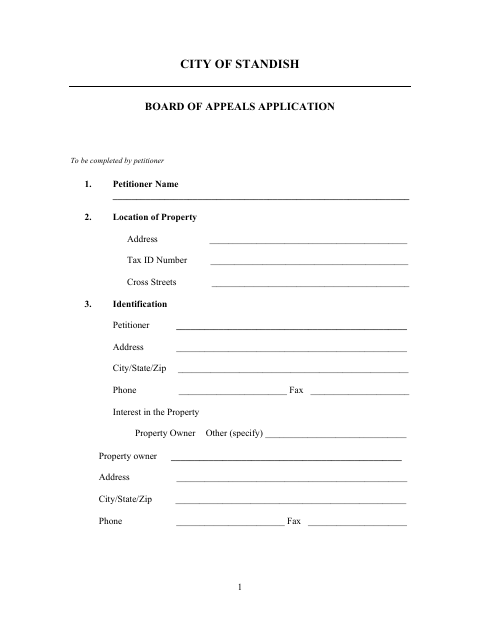 First page of the Board of Appeals Application