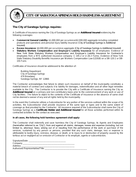 First page of the Hold Harmless Agreement and Insurance Requirements
