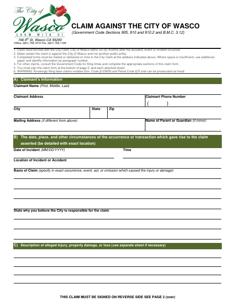 First page of the Claim Against the City