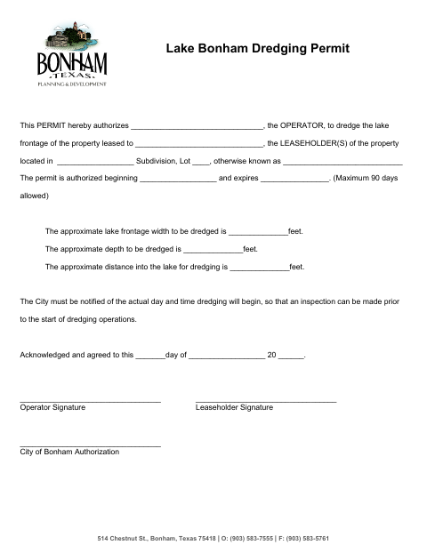 First page of the Lake Bonham Dredging Permit
