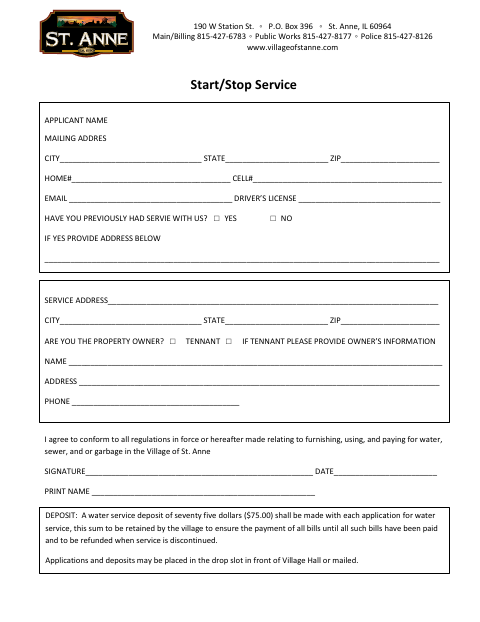 First page of the Start/Stop Service