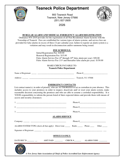 First page of the 2026 Burglar Alarm and Medical Emergency Alarm Registration