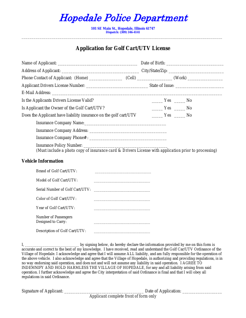 First page of the Golf Cart / UTV License Application