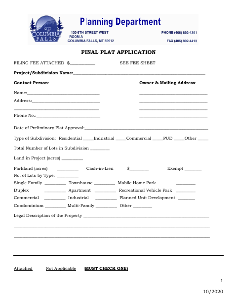 First page of the Final Plat Application
