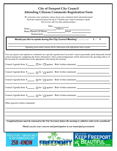 First page of the Attending Citizens Comments Registration Form