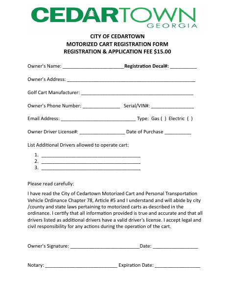 First page of the Golf Cart and Motorized Vehicle Application and Procedures