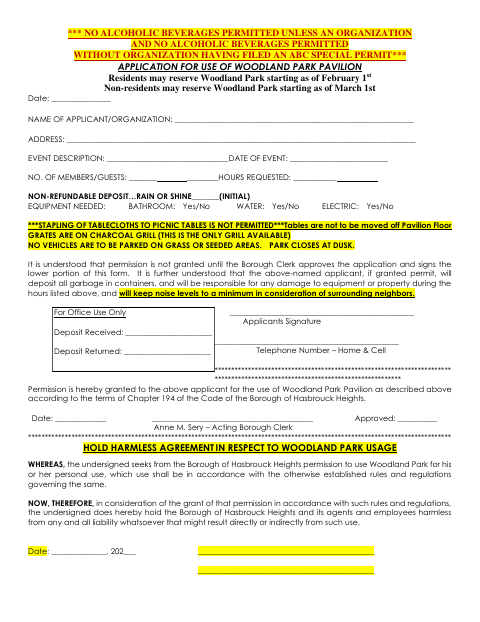 First page of the Application for Use of Woodland Park Pavilion