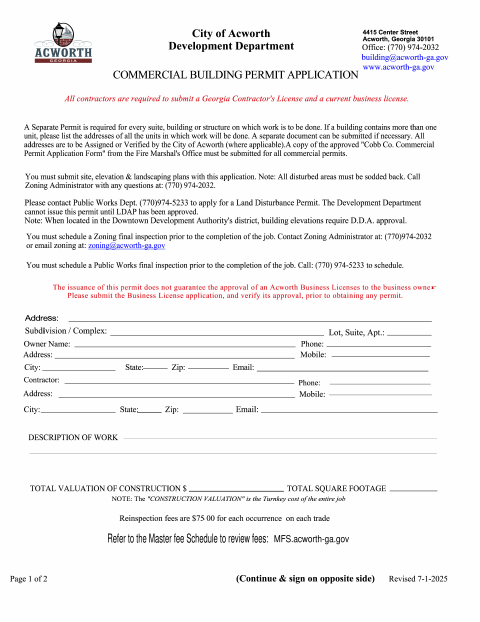 First page of the Commercial Building Permit Application