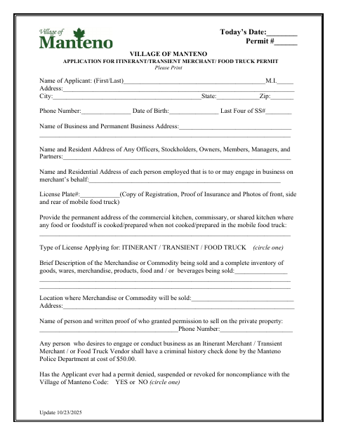 First page of the Application for Itinerant/Transient Merchant/Food Truck Permit
