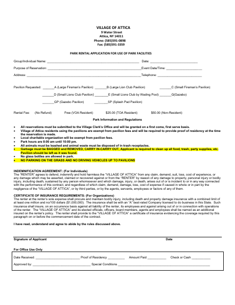 First page of the Park Rental Application for Use of Park Facilities