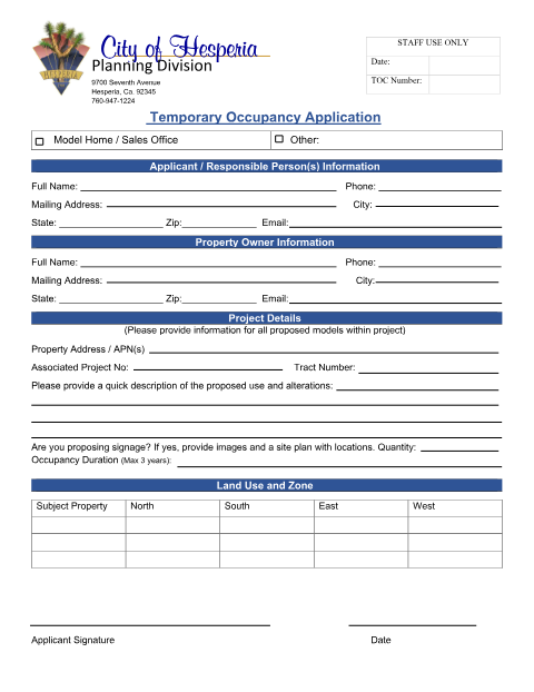 First page of the Temporary Occupancy Application
